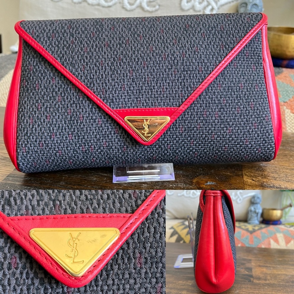 Yves Saint Laurent Envelop Clutch Gray Fabric And Red Leather Excellent